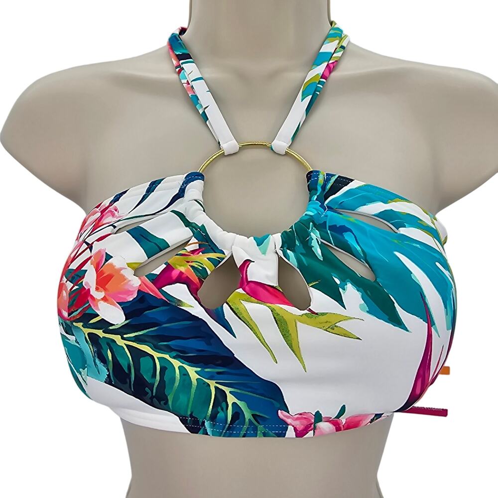 Vince Camuto Womans size S Logo-Ring Halter Bikini Top Balines Floral Cutout NEW